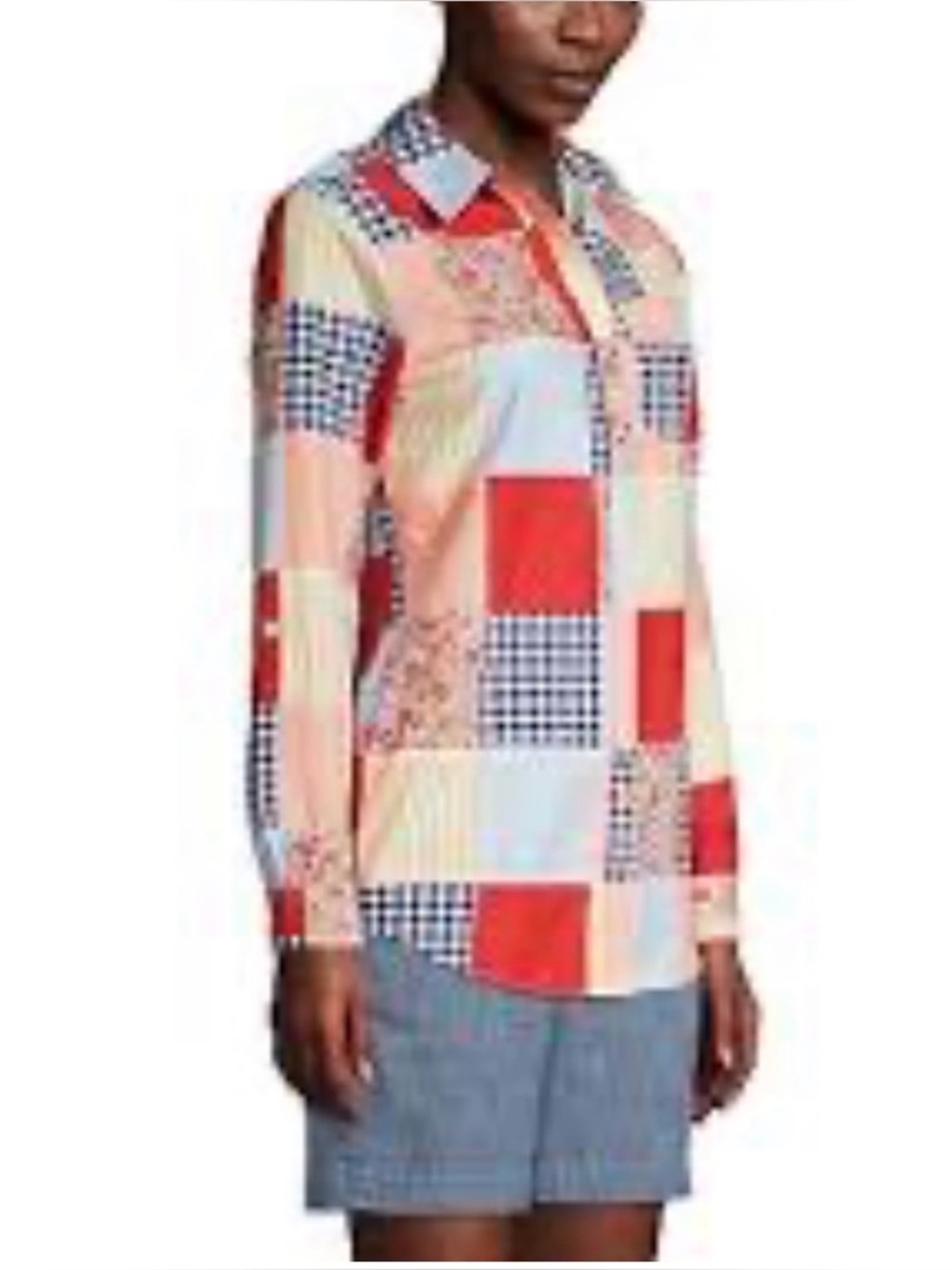 Lands End Cotton Patchwork Collared Shirt Sz Large 14-16